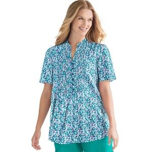 WOMAN WITHIN Floral Half Button Pintuck Floral Shirt Size Large VGUC